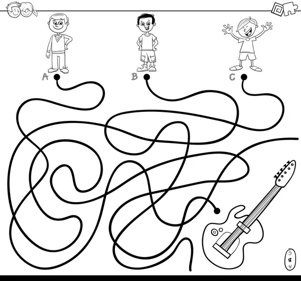 黑色和白色的卡通插图的路径或迷宫拼图游戏与男孩和电吉他着色书 — 图库矢量图片