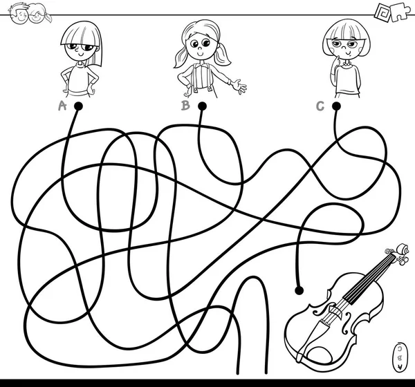 女の子と塗り絵ヴァイオリン パスまたは迷路パズルゲームの黒と白の漫画イラスト — ストックベクタ