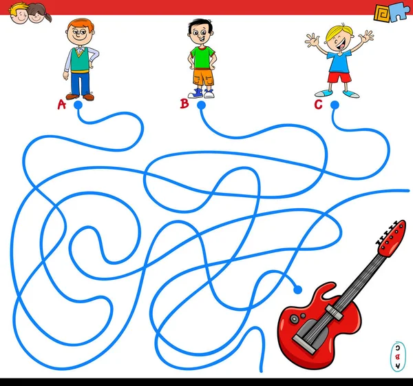 Kreslený Obrázek Cesty Nebo Bludiště Hra Puzzle Chlapci Elektrická Kytara — Stockový vektor