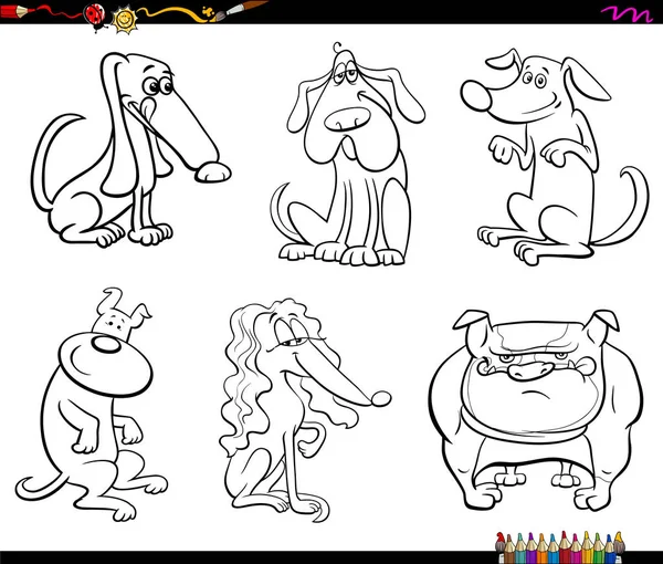 Black White Cartoon Illustration Comic Dogs Pet Animal Characters Set — Stock Vector