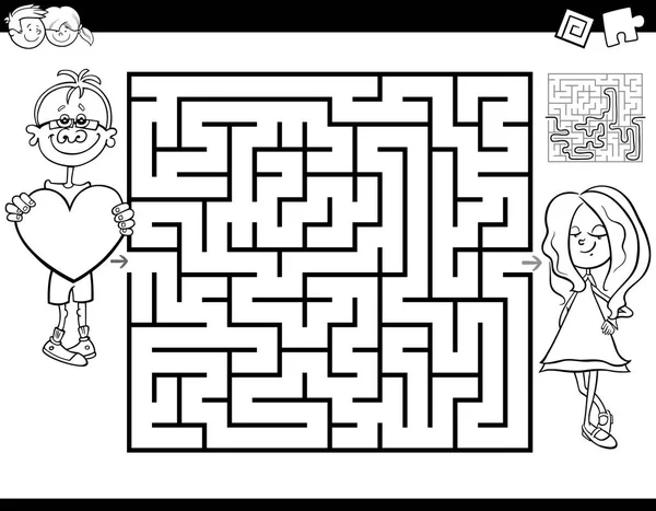 Black White Cartoon Illustration Education Maze Labyrinth Activity Game Kids — Stock Vector