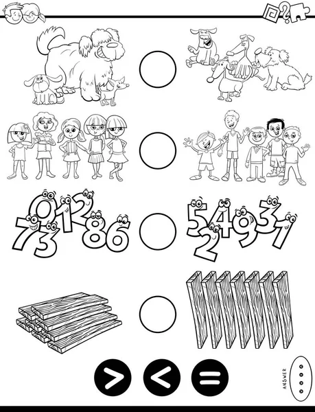 Black White Cartoon Illustration Educational Mathematical Puzzle Game Greater Less — стоковый вектор