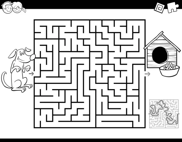 犬と犬小屋の塗り絵子供のため教育迷路や迷宮活動ゲームの白黒漫画イラスト — ストックベクタ