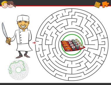 Karikatür çizimi eğitim labirent veya Labyrinth etkinlik oyunu çocuklar için Şef ve suşi ile
