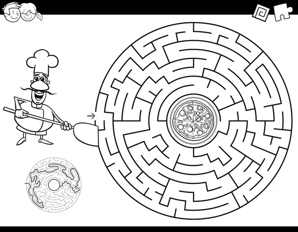 Black White Cartoon Illustration Education Maze Labyrinth Activity Game Children — Stock Vector