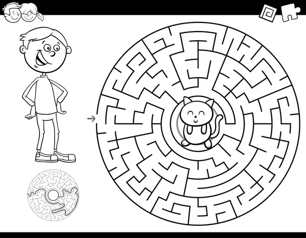 Black White Cartoon Illustration Education Maze Labyrinth Activity Game Children — Stock Vector