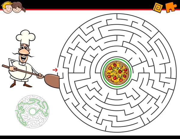 Cartoon Illustration Education Maze Labyrinth Activity Game Children Chef Pizza — Stock Vector