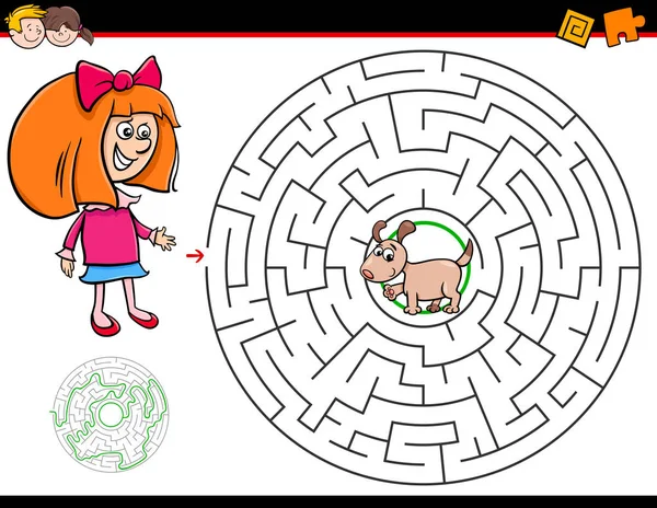 少女と子犬と子供の教育の迷路や迷宮活動ゲームの漫画の実例 — ストックベクタ