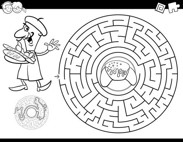 黑色和白色的卡通插图教育迷宫或迷宫活动游戏的儿童与贝克和羊角面包着色书 — 图库矢量图片