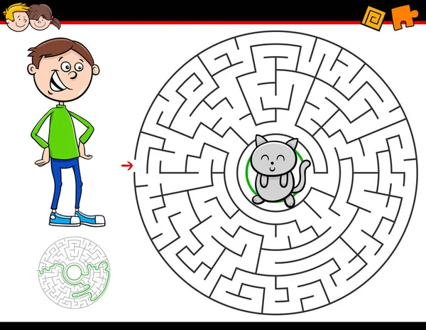 Cartoon Illustration Education Maze Labyrinth Activity Game Children Boy Kitten — Stock Vector
