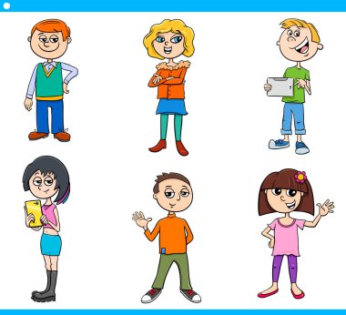 Komik çocuk ve Genç karakter kümesi karikatür çizimi