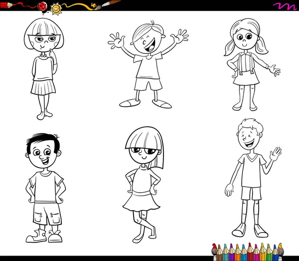 Illustrazione Bianco Nero Del Fumetto Dei Bambini Dei Personaggi Adolescenti — Vettoriale Stock