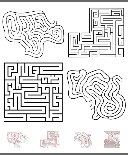 Ilustração Black White Mazes Labirintos Jogos Lazer Set Solutions — Vetor de Stock