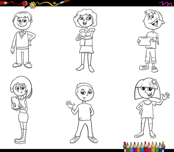 黑色和白色卡通插图青少年和儿童人物设置着色书 — 图库矢量图片