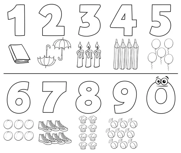 Black White Cartoon Illustration Numbers Set One Nine Objects Coloring — Stock Vector