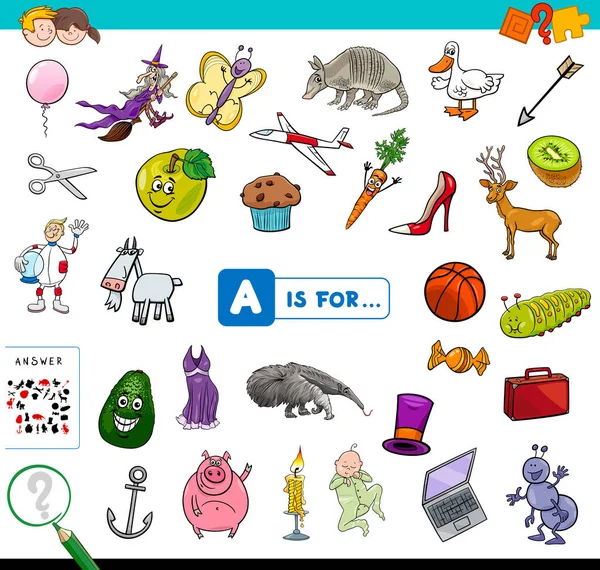 Cartoon Illustration Finding Picture Alkaen Letter Educational Game Työkirja Lapsille — vektorikuva