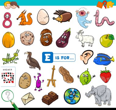 Çizgi film illüstrasyon E harfinin eğitim oyun kitabıyla başlayan çocuklar için resim bulma