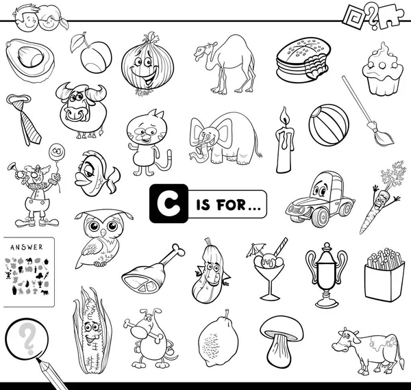 Black White Cartoon Illustration Finding Picture Starting Letter Educational Game — Stock Vector