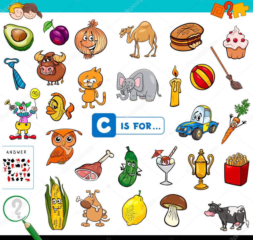 Cartoon Illustration of Finding Picture Starting with Letter C Educational Game Workbook for Children