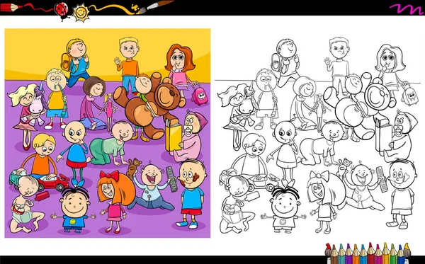 Illustration Bande Dessinée Groupe Personnages Kida Bébés Coloriage Feuille Travail — Image vectorielle