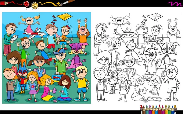 Ilustración Dibujos Animados Niños Juguetones Personajes Grupo Libro Para Colorear — Vector de stock