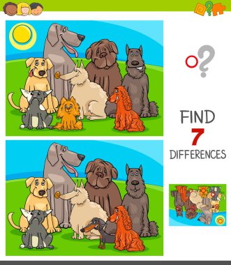 Çizgi film illüstrasyon resim arasındaki yedi farkı safkan köpek karakter grubu olan çocuklar için eğitici bir oyun bulma