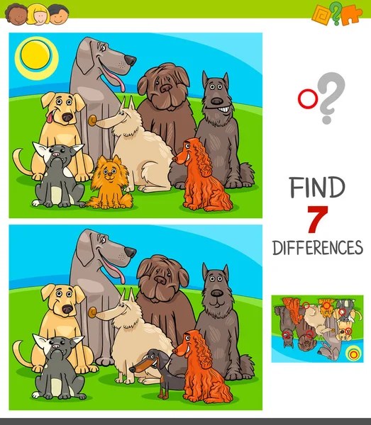 Çizgi film illüstrasyon resim arasındaki yedi farkı safkan köpek karakter grubu olan çocuklar için eğitici bir oyun bulma