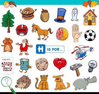 Karikatür çizim çocuklar için H harfi eğitim oyun kitabıyla başlayan resim bulma