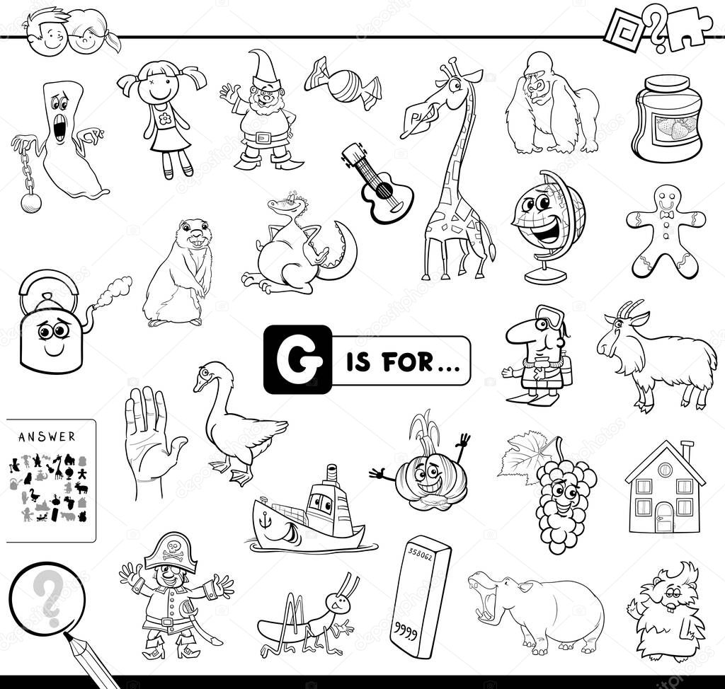 Black and White Cartoon Illustration of Finding Picture Starting with Letter G Educational Game Workbook for Children Coloring Book