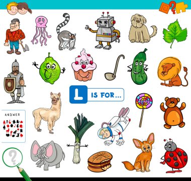 Karikatür çizim çocuklar için harf L eğitim oyun kitabıyla başlayan resim bulma