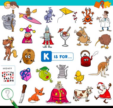 Karikatür çizim çocuklar için harf K eğitim oyun kitabıyla başlayan resim bulma