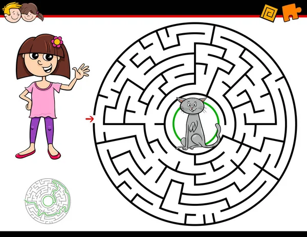 动画片插图教育迷宫或迷宫活动游戏的儿童与女孩和猫 — 图库矢量图片