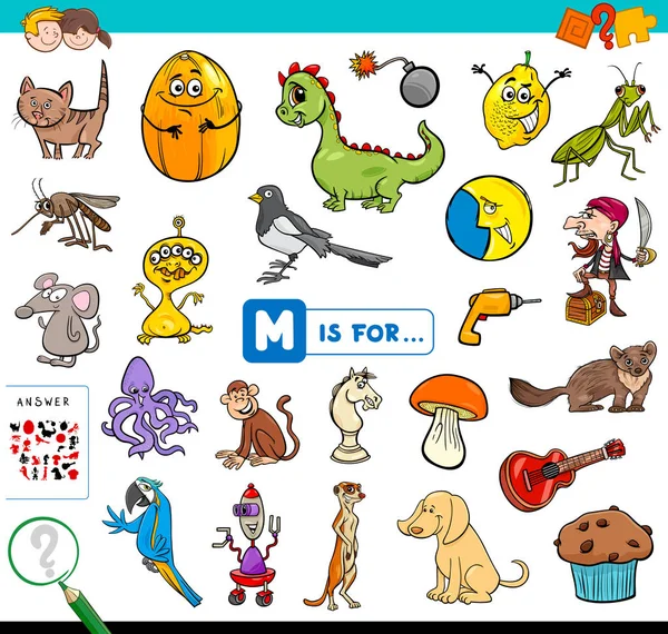 Karikatür çizim çocuklar için mektup M eğitim oyun kitabıyla başlayan resim bulma