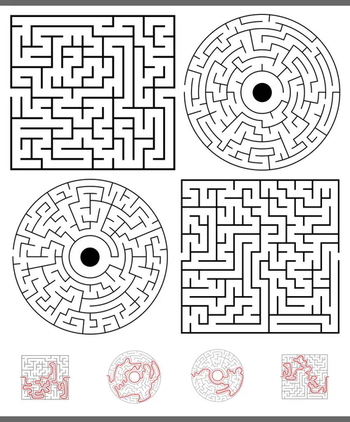 Illustration Black White Mazes Leisure Games Set Solutions — Stock Vector