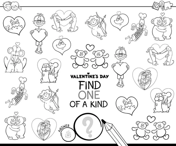 黒と白の漫画イラストは塗り絵バレンタインデー文字の子どもたち種類映像教育ゲームの一つを見つける — ストックベクタ