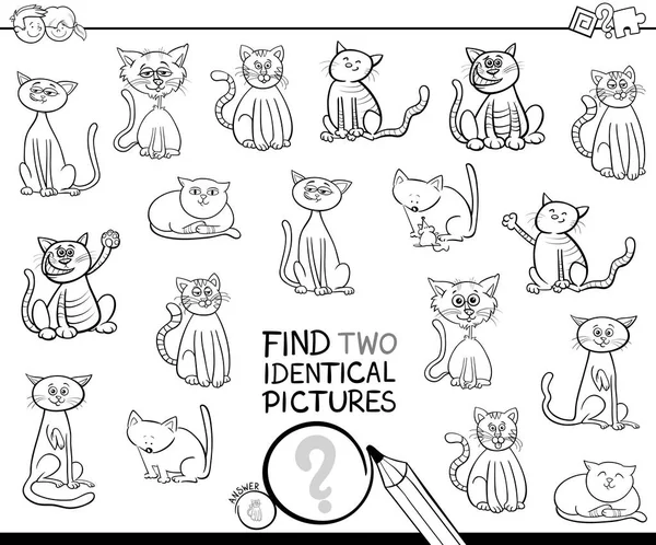 Black White Cartoon Illustration Finding Two Identical Pictures Educational Game - Stok Vektor