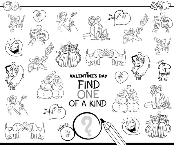 黒と白の漫画イラストは塗り絵バレンタインデー文字児種類映像教育ゲームの一つを見つける — ストックベクタ