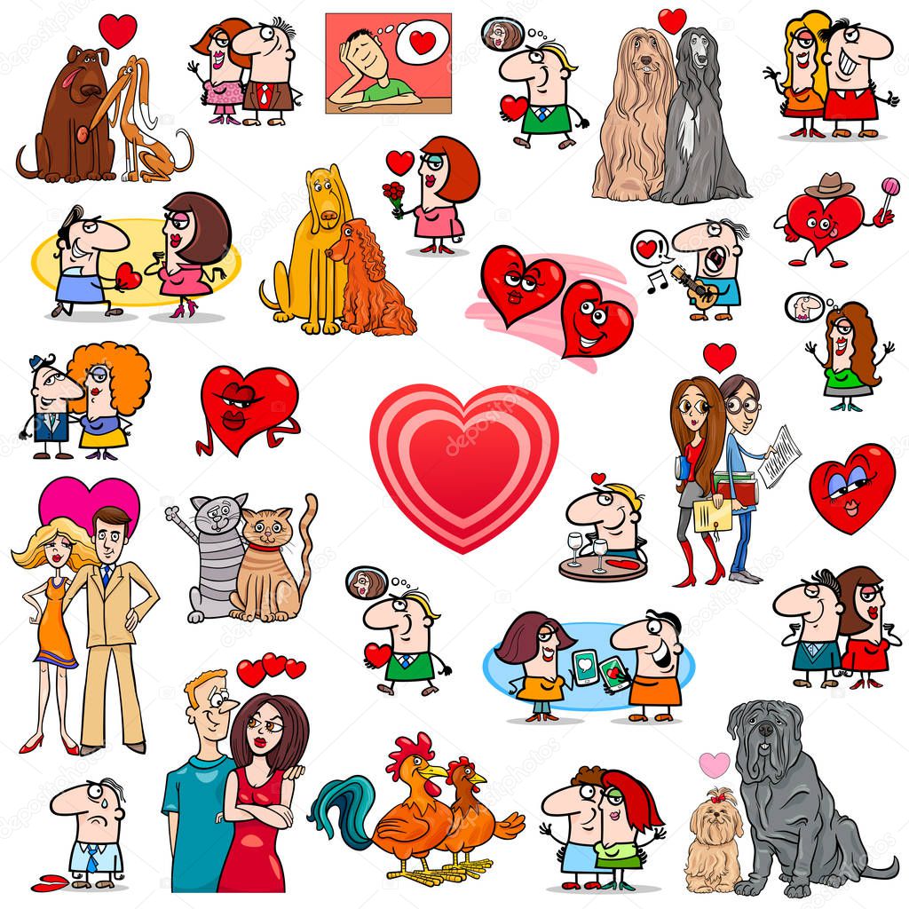 Cartoon Illustration of Valentines Day Characters and Design Elements Larege Set