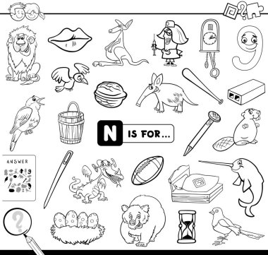 Black and White Cartoon Illustration of Finding Picture Starting with Letter N Educational Game Workbook for Children Coloring Book clipart