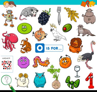 Karikatür çizim çocuklar için O harfi eğitim oyun kitabıyla başlayan resim bulma