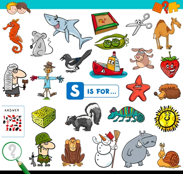 Zeichentrickillustration Des Findens Von Bildern Beginnend Mit Buchstaben Lernspiel Arbeitsbuch — Stockvektor