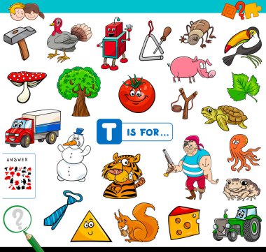 Karikatür çizim çocuklar için T harfinin eğitim oyun kitabıyla başlayan resim bulma