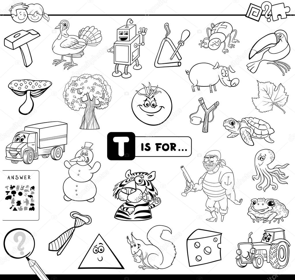 Black and White Cartoon Illustration of Finding Picture Starting with Letter T Educational Game Workbook for Children Coloring Book