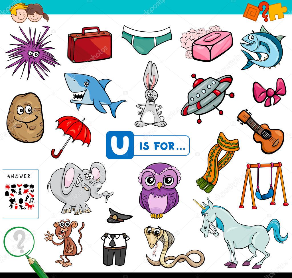 Cartoon Illustration of Finding Picture Starting with Letter U Educational Game Workbook for Children