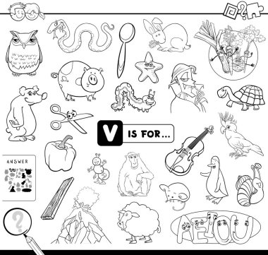 Siyah ve beyaz çizgi film illüstrasyon çocuklar için boyama kitabı harf V eğitim oyun kitabıyla başlayan resim bulma