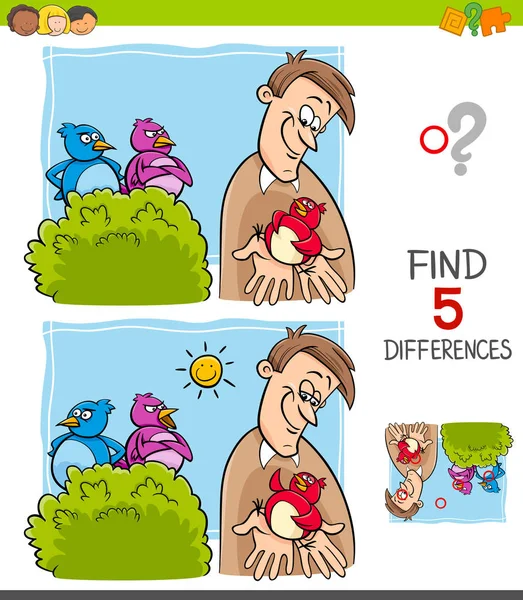 Cartoon Illustration Finding Five Differences Pictures Educational Game Children Bird — Stockový vektor