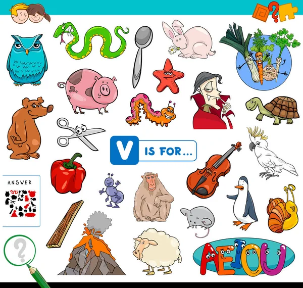 Çocuklar için Mektup V Eğitim Oyunu Çalışma Kitabı ile Başlayan Resim Bulma Karikatür İllüstrasyon