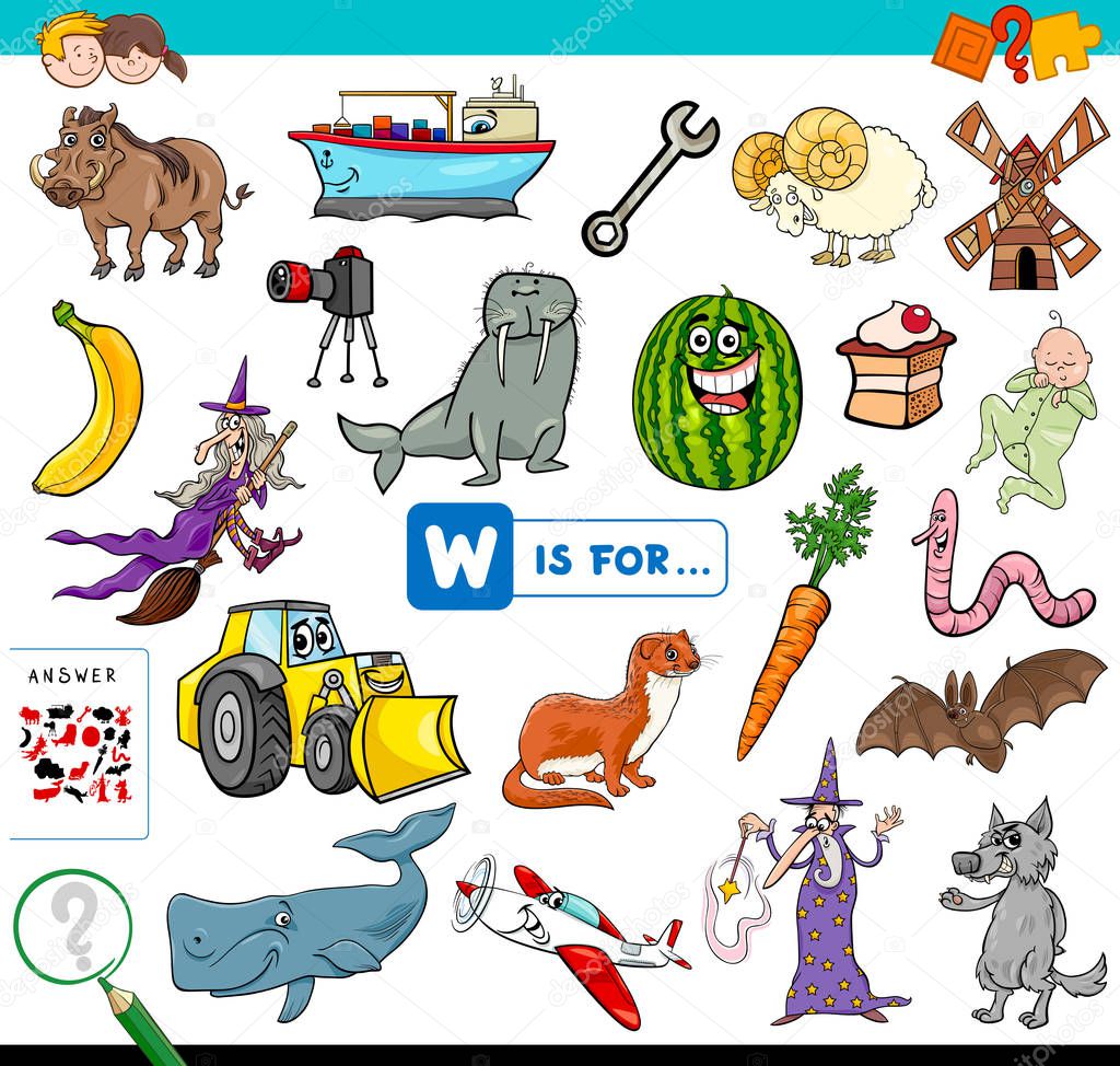 Cartoon Illustration of Finding Picture Starting with Letter W Educational Game Workbook for Children