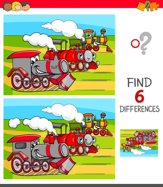 教育的なゲーム面白い機関車と子供のための画像間の の違いを見つけるの漫画イラスト — ストックベクタ