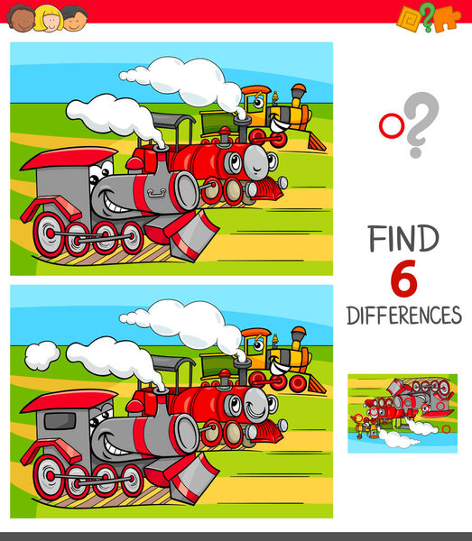 Cartoon Illustration of Finding Six Differences between Pictures Educational Game for Children with Funny Locomotives
